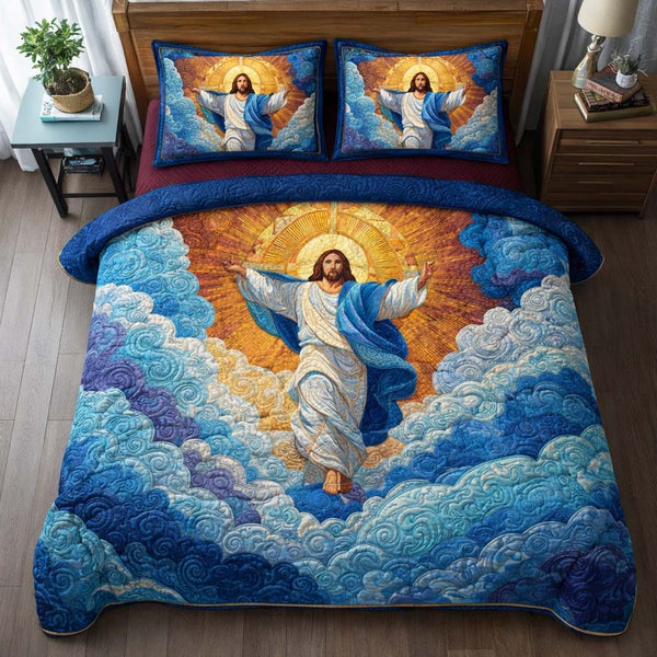 Heavenly Clouds quilted 3-piece bedding set on a made bed in a softly lit bedroom