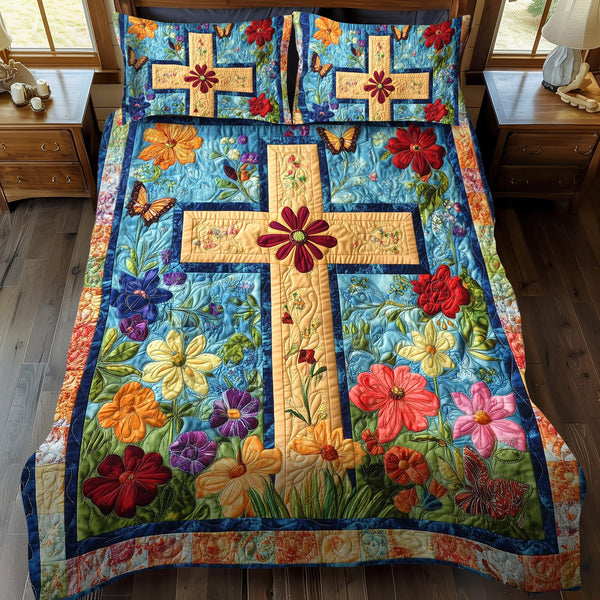Heavenly Cross quilted 3-piece bedding set on a made bed in a softly lit bedroom