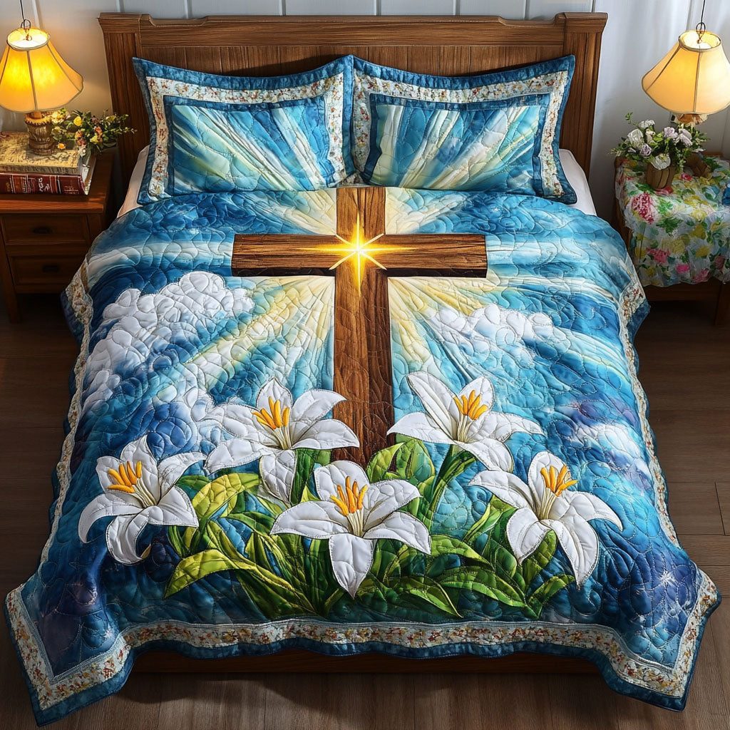 Heavenly Cross Serenity quilted 3-piece bedding set on a made bed in a softly lit bedroom