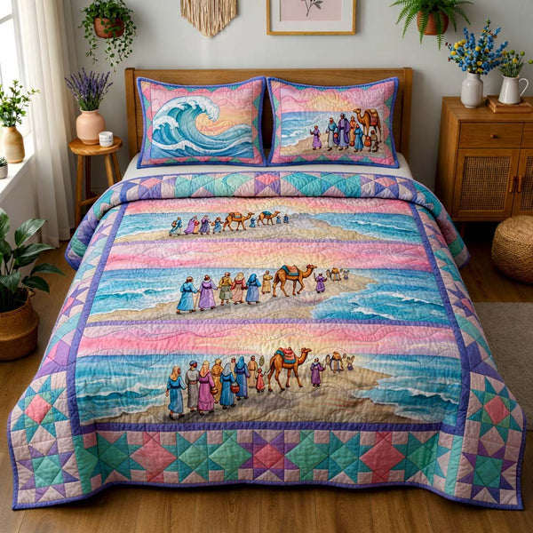 Heavenly Crossing Way quilted 3-piece bedding set on a made bed in a softly lit bedroom