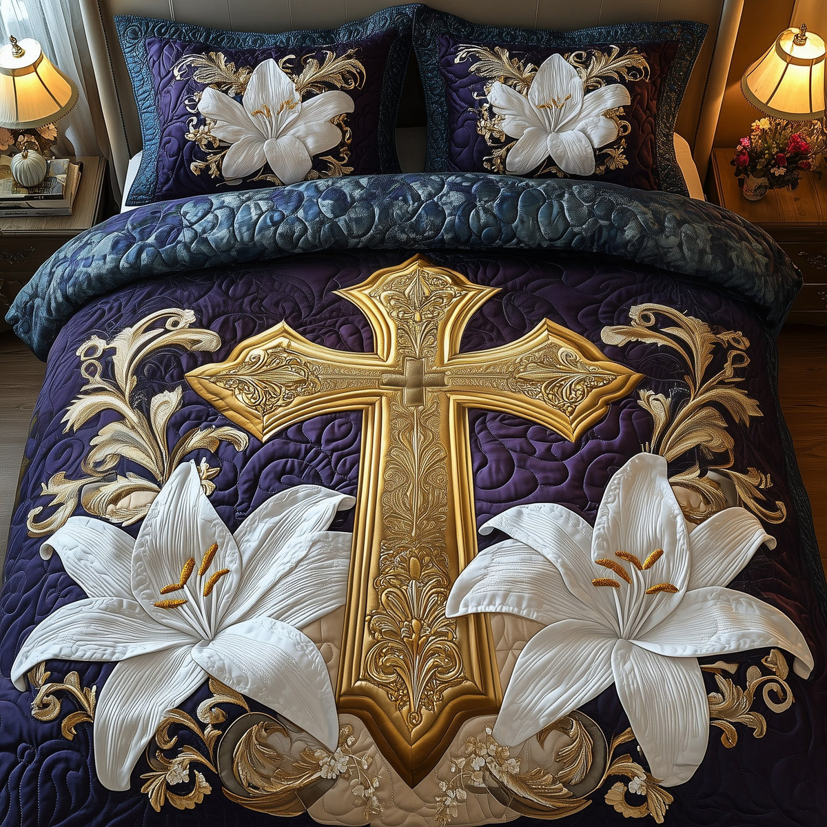 Heavenly Embrace quilted 3-piece bedding set on a made bed in a softly lit bedroom