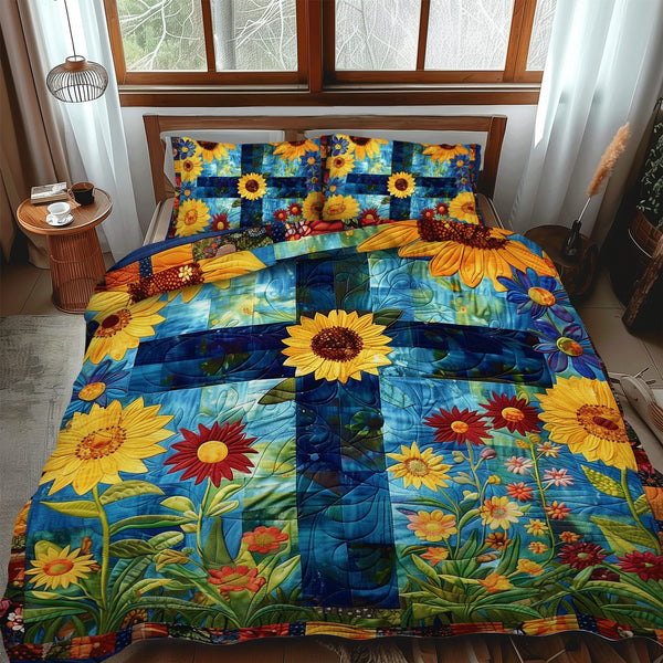 Heavenly Garden quilted 3-piece bedding set on a made bed in a softly lit bedroom