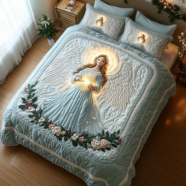 Heavenly Glow quilted 3-piece bedding set on a made bed in a softly lit bedroom