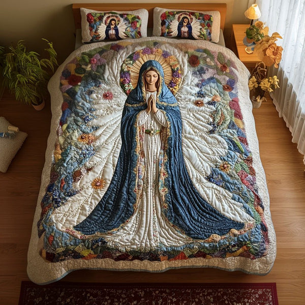 Heavenly Grace quilted 3-piece bedding set on a made bed in a softly lit bedroom