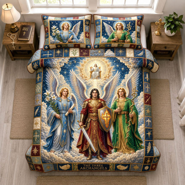 Heavenly Guardian Archangels quilted 3-piece bedding set on a made bed in a softly lit bedroom