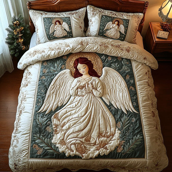 Heavenly Harmony quilted 3-piece bedding set on a made bed in a softly lit bedroom