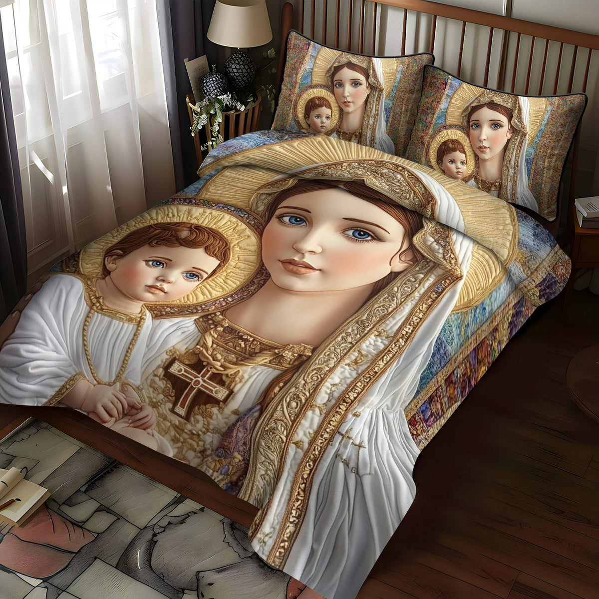 Heavenly Light quilted 3-piece bedding set on a made bed in a softly lit bedroom