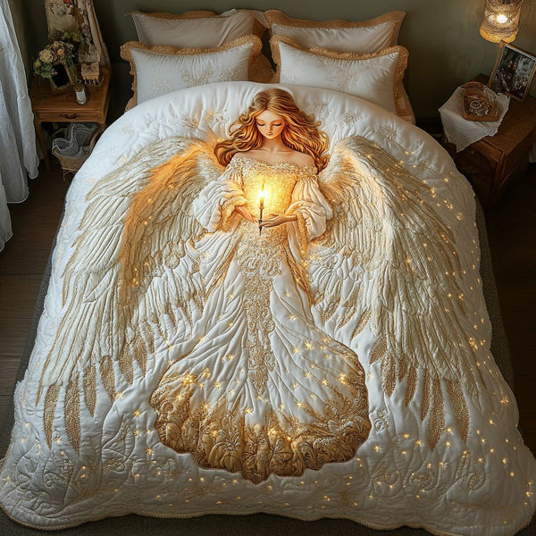 Heavenly Light quilted 3-piece bedding set on a made bed in a softly lit bedroom