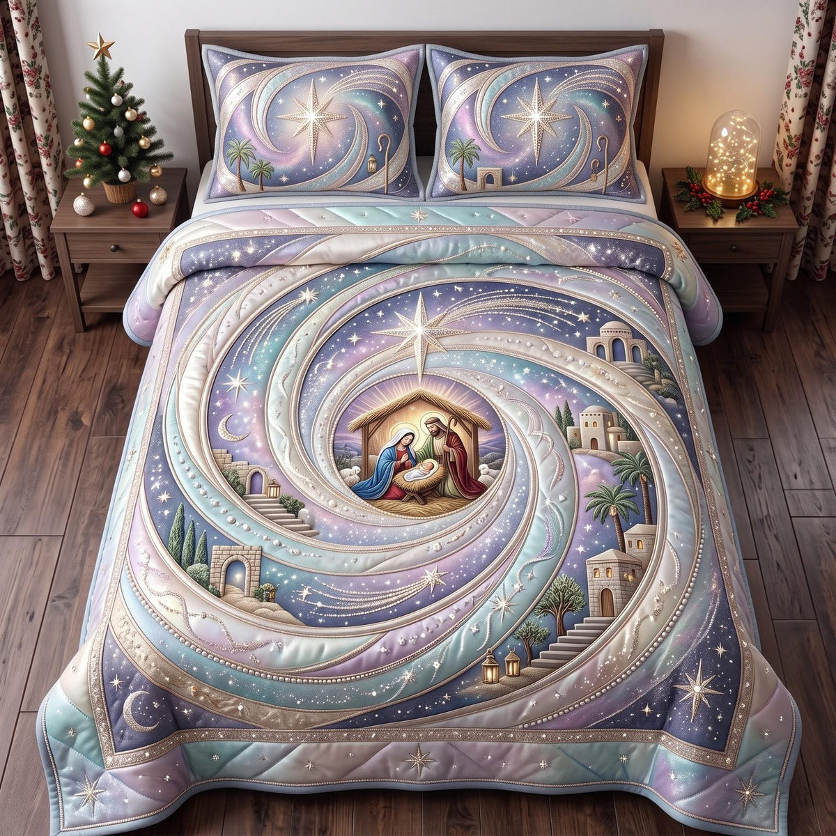 Heavenly Nativity quilted 3-piece bedding set on a made bed in a winter-styled bedroom