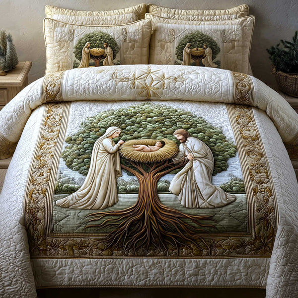 Heavenly Peace quilted 3-piece bedding set on a made bed in a softly lit bedroom