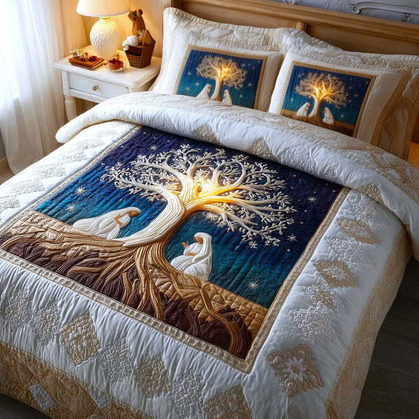 Heavenly Peace quilted 3-piece bedding set on a made bed in a softly lit bedroom