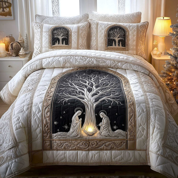 Heavenly Peace quilted 3-piece bedding set on a made bed in a softly lit bedroom