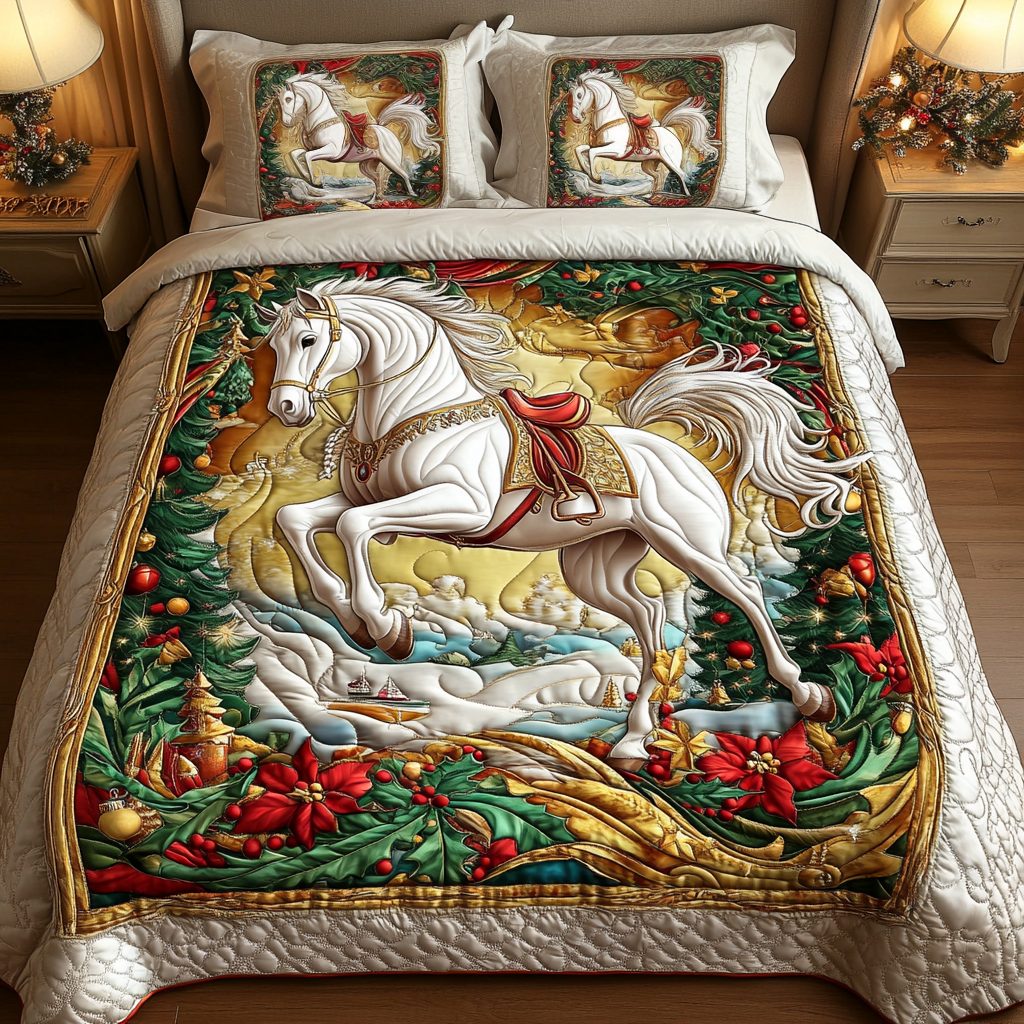 Heavenly Ride quilted 3-piece bedding set on a made bed in a softly lit bedroom