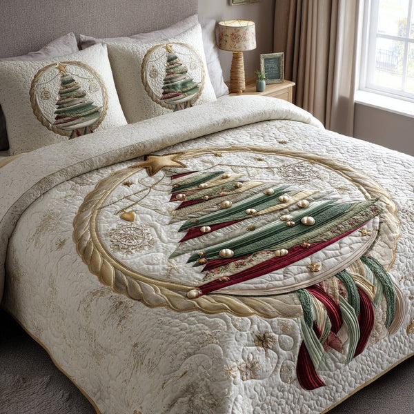 Heavenly Tree quilted 3-piece bedding set on a made bed in a softly lit bedroom