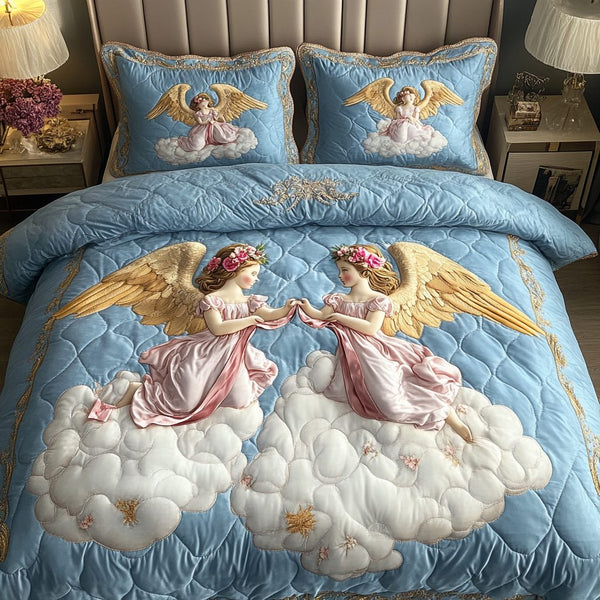 Heavenly Twins quilted 3-piece bedding set on a made bed in a softly lit bedroom