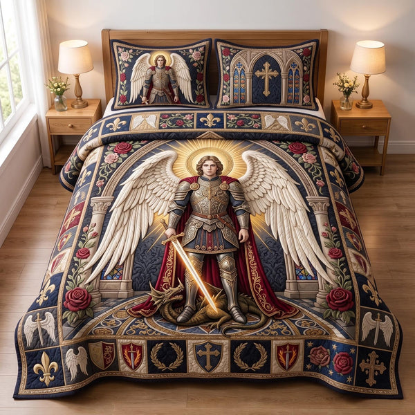 Heavenly Warrior quilted 3-piece bedding set on a made bed in a softly lit bedroom