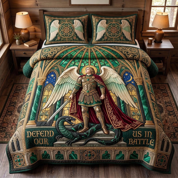 Heavenly Warrior quilted 3-piece bedding set on a made bed in a softly lit bedroom