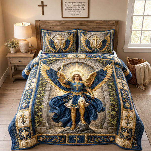 Heavenly Warrior Saint Michael quilted 3-piece bedding set on a made bed in a softly lit bedroom