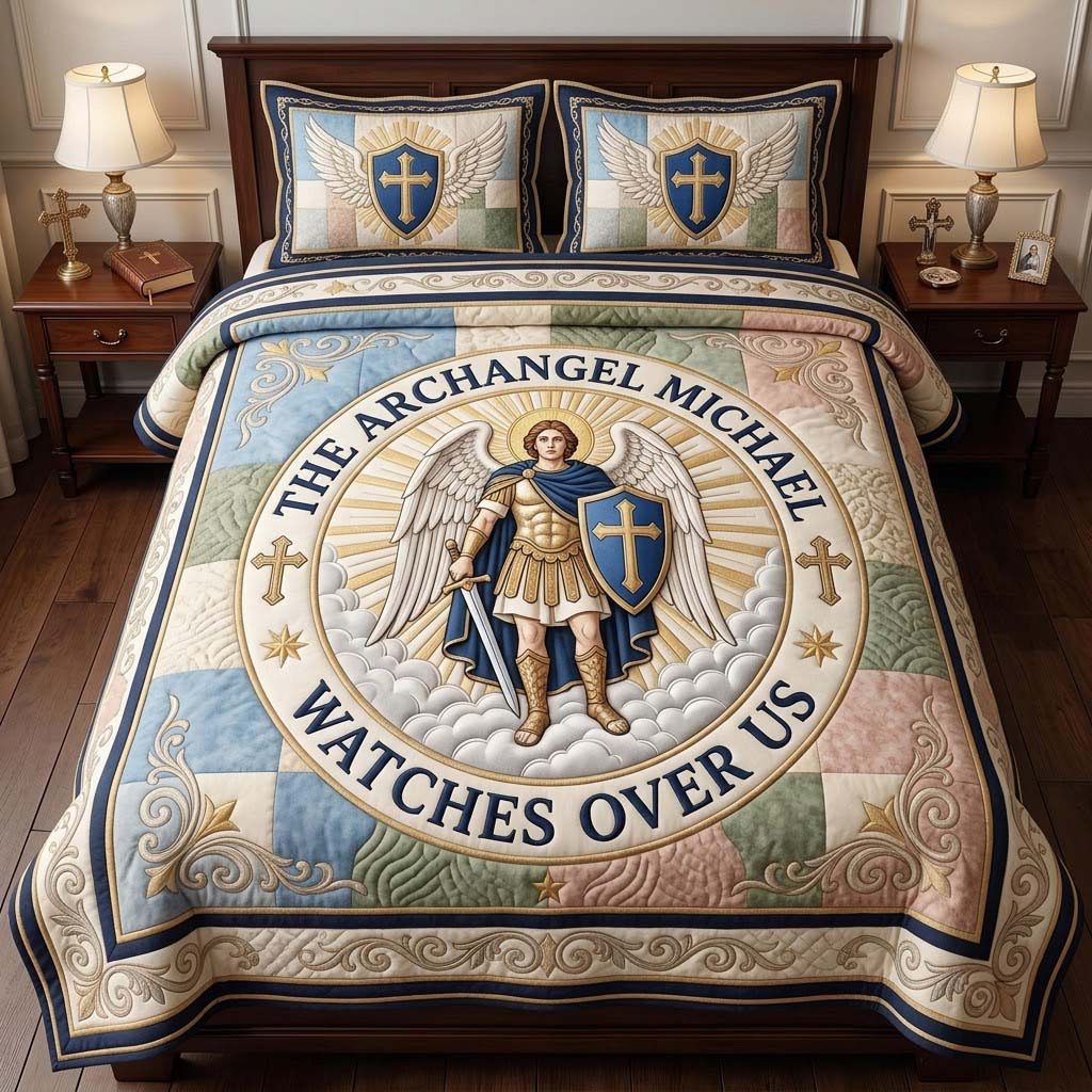 Heavenly Watch Medallion quilted 3-piece bedding set on a made bed in a softly lit bedroom
