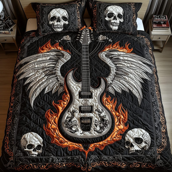 Heavy Metal Guitar quilted 3-piece bedding set on a made bed with two matching pillow shams