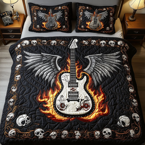 Heavy Metal Guitar quilted 3-piece bedding set on a made bed with two matching pillow shams