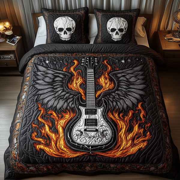 Heavy Metal Guitar quilted 3-piece bedding set on a made bed with two matching pillow shams