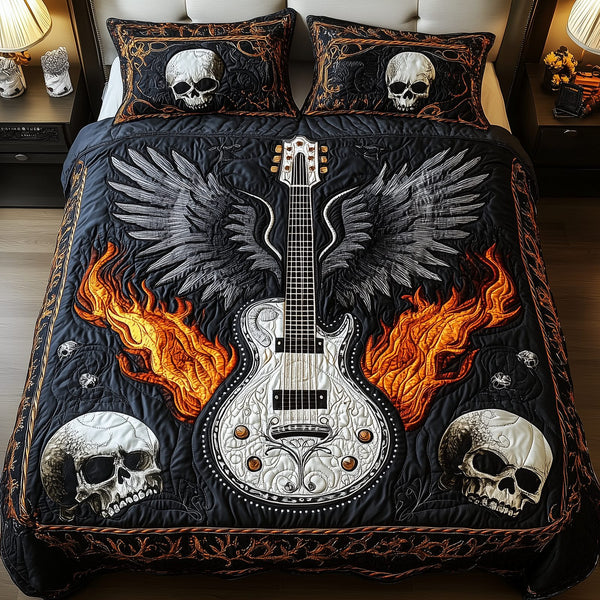 Heavy Metal Guitar quilted 3-piece bedding set on a made bed with two matching pillow shams