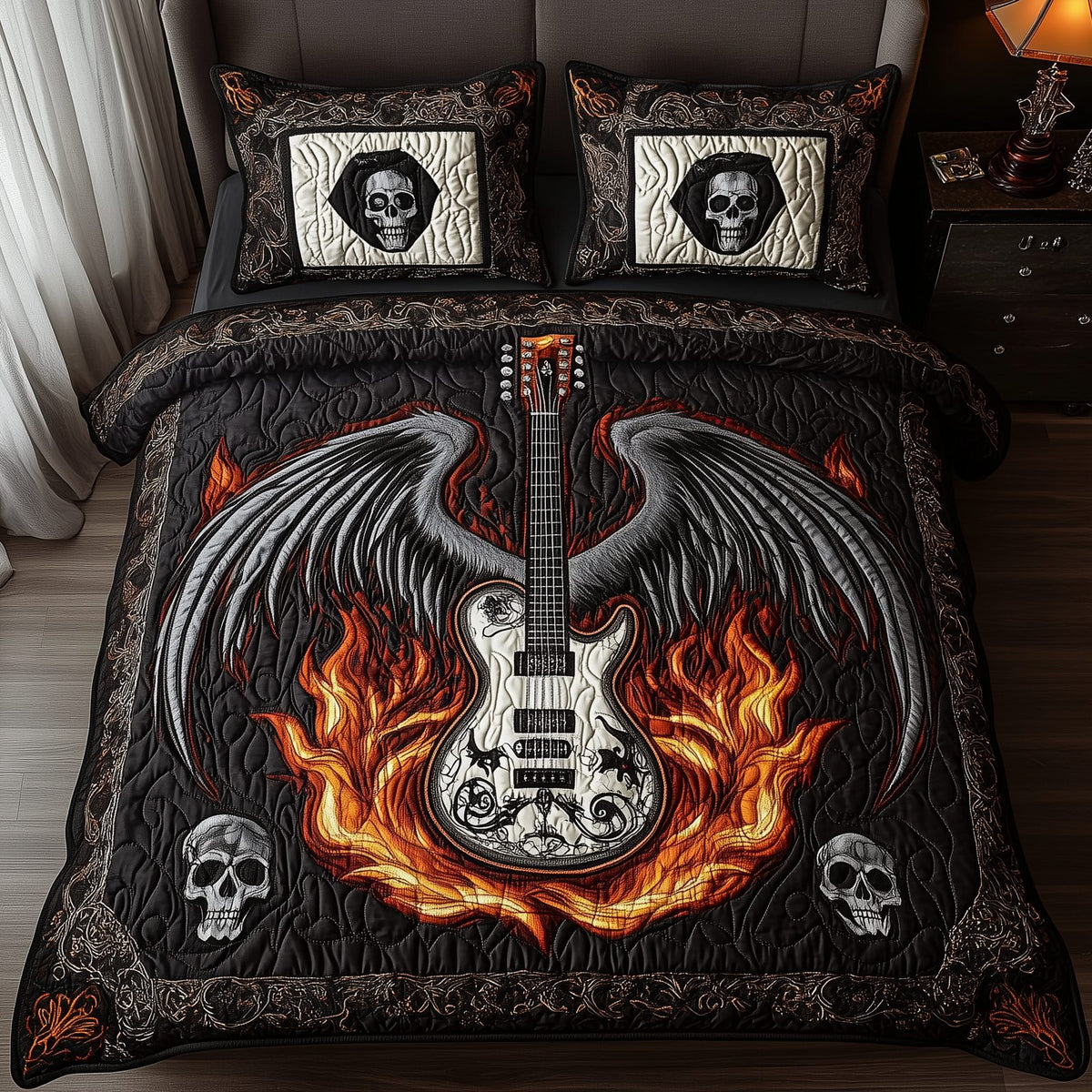 Heavy Metal Guitar quilted 3-piece bedding set on a made bed with two matching pillow shams