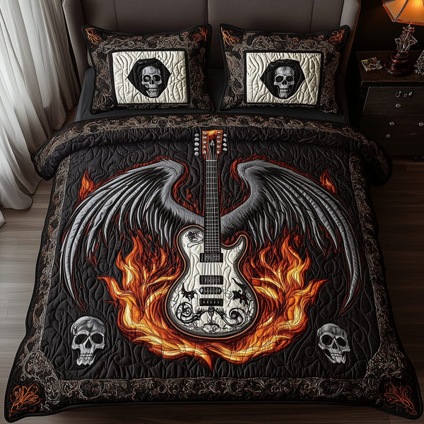 Heavy Metal Guitar quilted 3-piece bedding set on a made bed with two matching pillow shams