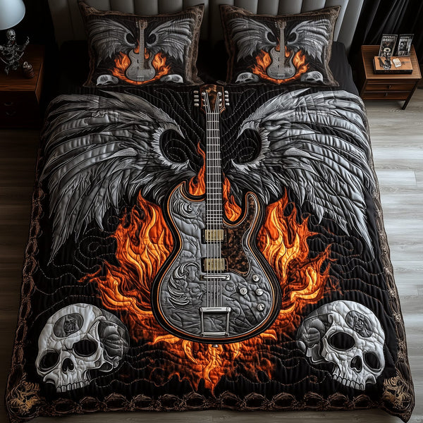 Heavy Metal Guitar quilted 3-piece bedding set on a made bed with two matching pillow shams