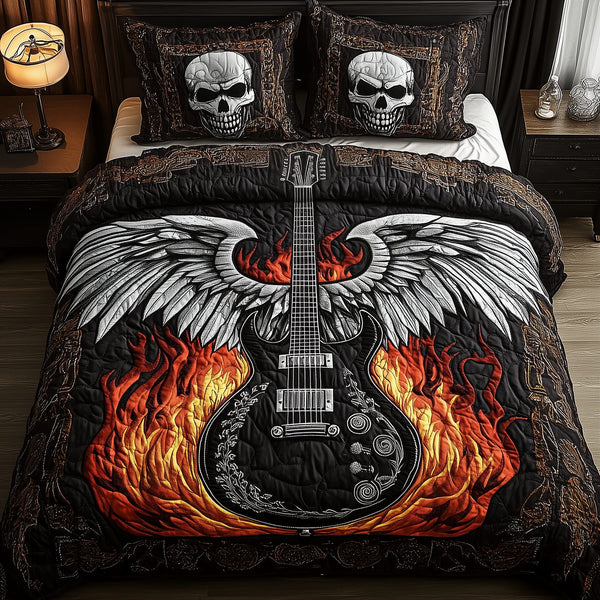 Heavy Metal Guitar quilted 3-piece bedding set on a made bed with two matching pillow shams