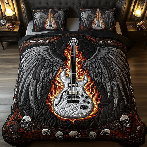 Heavy Metal Guitar quilted 3-piece bedding set on a made bed with two matching pillow shams