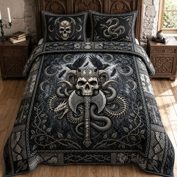 Heavy Metal Skull quilted 3-piece bedding set on a made bed against a dark styled interior