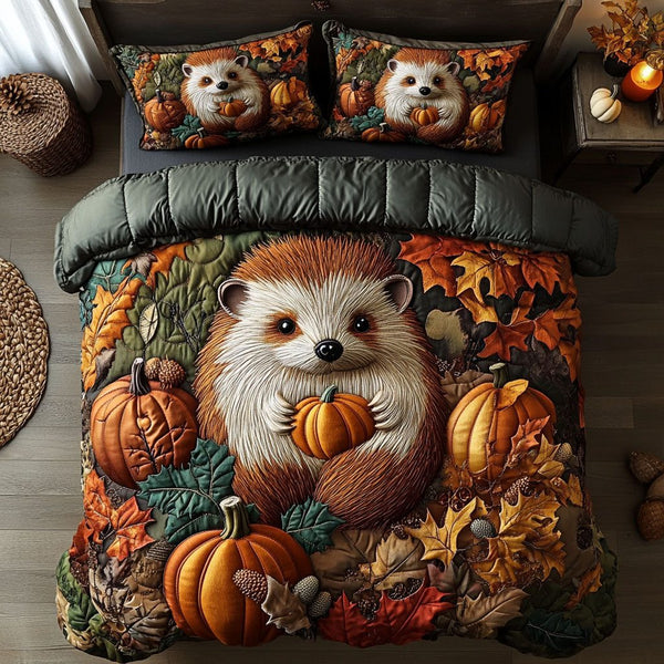 Hedgehog Among Leaves quilted 3-piece bedding set on a made bed with two matching pillow shams