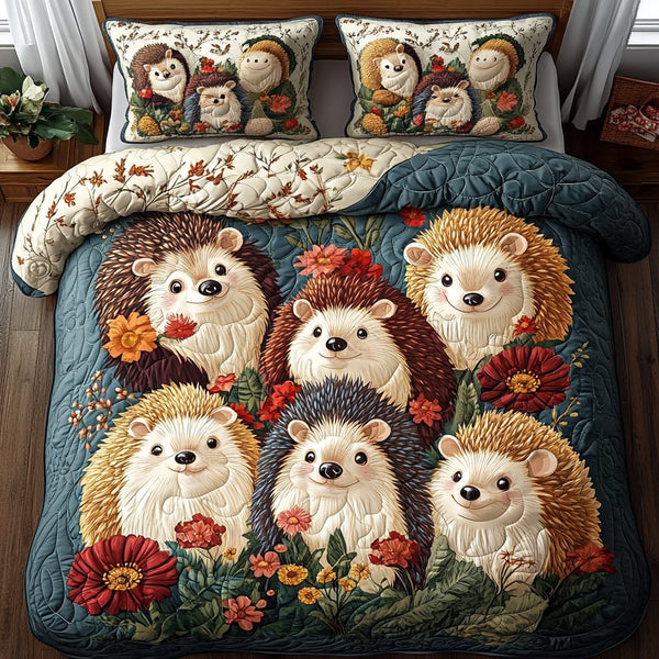Hedgehog Hideaway quilted 3-piece bedding set on a made bed with two matching pillow shams