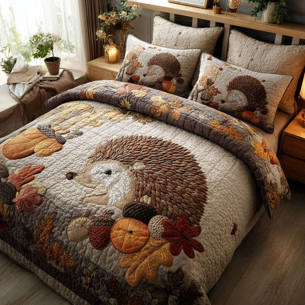 Hedgehog in the Golden Grove quilted 3-piece bedding set on a made bed with two matching pillow shams