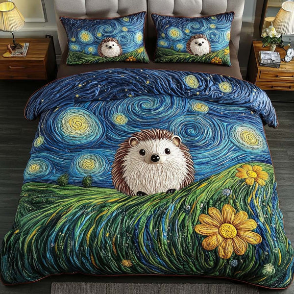 Hedgehog Meadow quilted 3-piece bedding set on a made bed with two matching pillow shams
