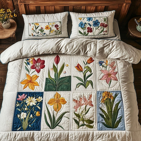 Heirloom Bouquet quilted 3-piece bedding set on a made bed with two matching pillow shams