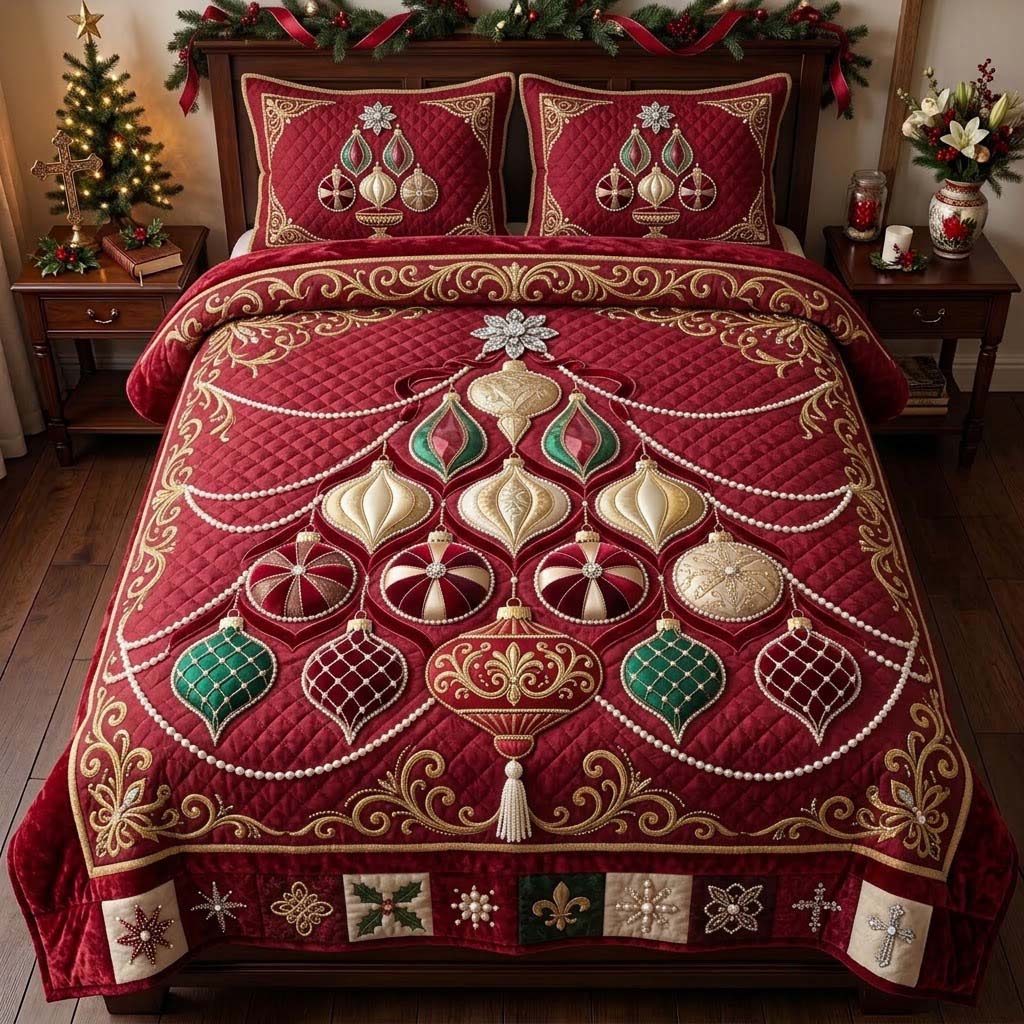 Heirloom Ornament Jewel Tree quilted 3-piece bedding set on a made bed with two matching pillow shams