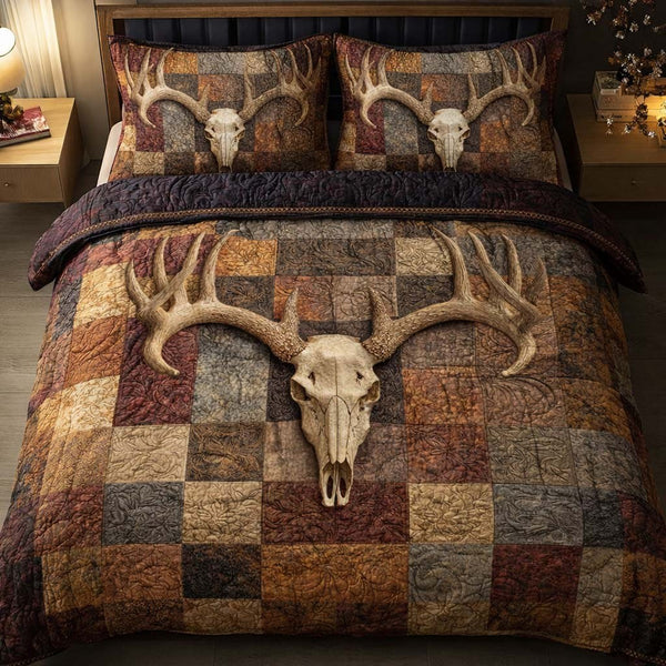 Heirloom Skull quilted 3-piece bedding set on a made bed against a dark styled interior