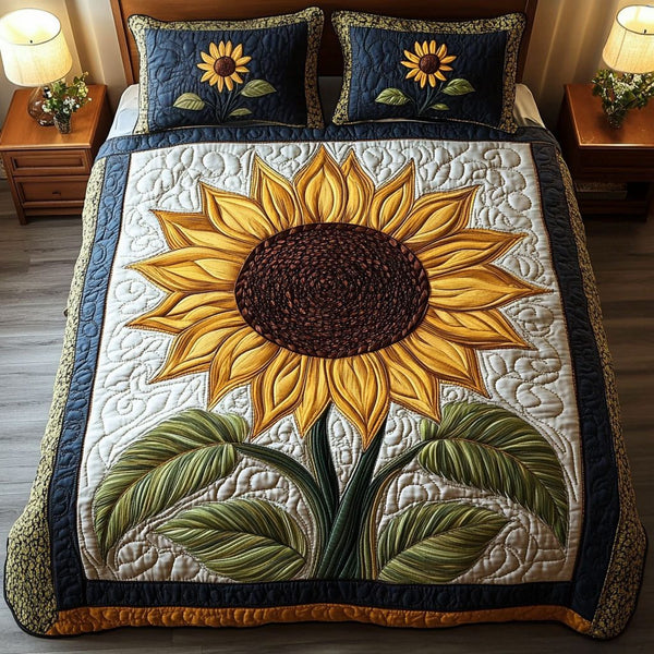 Helianthus Dream quilted 3-piece bedding set on a made bed with two matching pillow shams