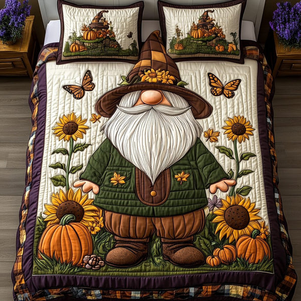 Hello Fall Hello Gnomes quilted 3-piece bedding set on a made bed with two matching pillow shams