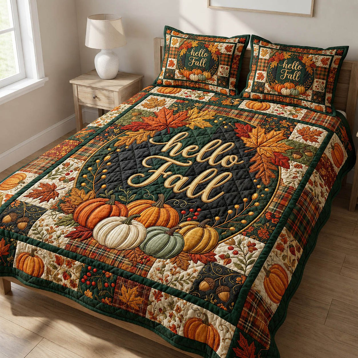 Hello Fall quilted 3-piece bedding set on a made bed with two matching pillow shams