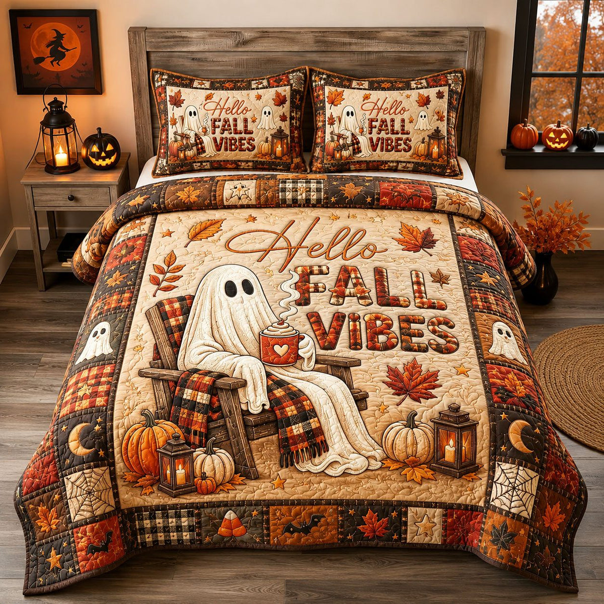 Hello Fall Vibes Ghost quilted 3-piece bedding set on a made bed against a dark styled interior