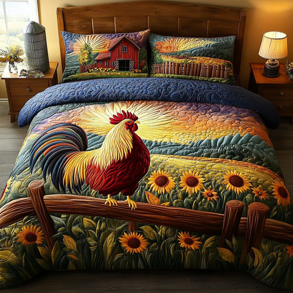Hen Haven quilted 3-piece bedding set on a made bed with two matching pillow shams