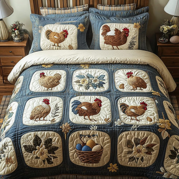 Hen Haven quilted 3-piece bedding set on a made bed with two matching pillow shams