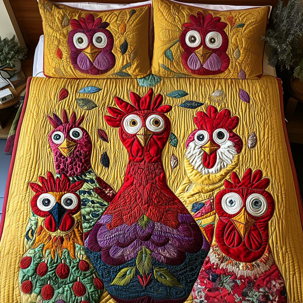 Hen Haven quilted 3-piece bedding set on a made bed with two matching pillow shams