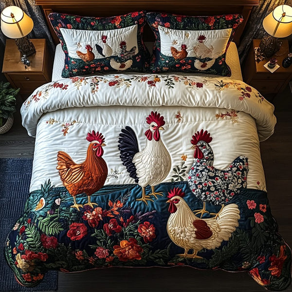 Hen House Delight quilted 3-piece bedding set on a made bed with two matching pillow shams
