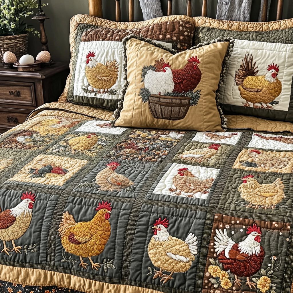 Hen Parade quilted 3-piece bedding set on a made bed with two matching pillow shams