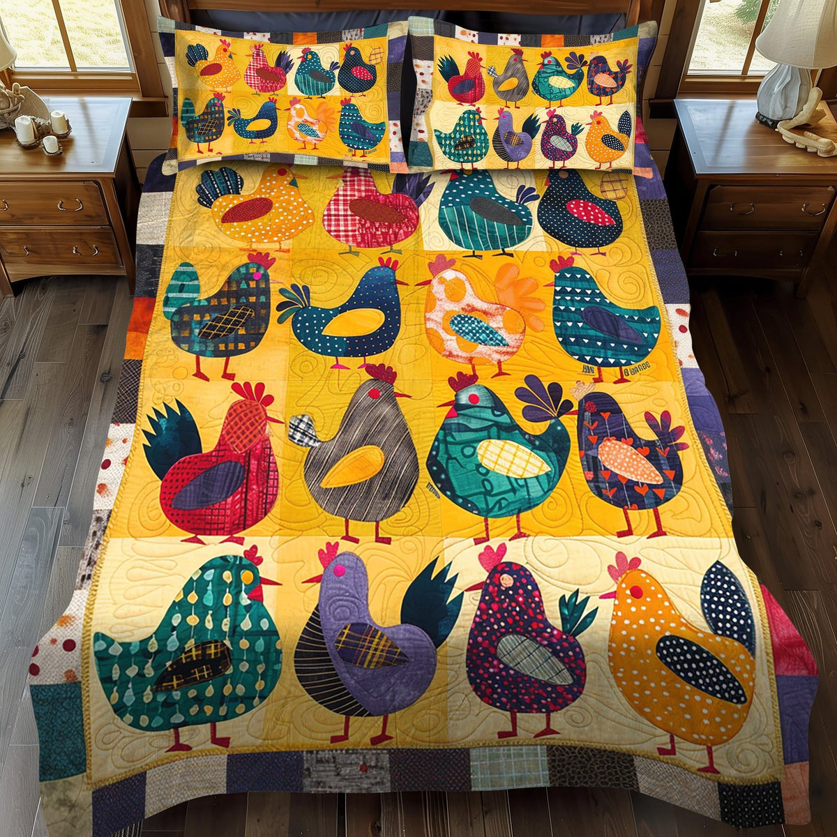 Hens Collection quilted 3-piece bedding set on a made bed with two matching pillow shams
